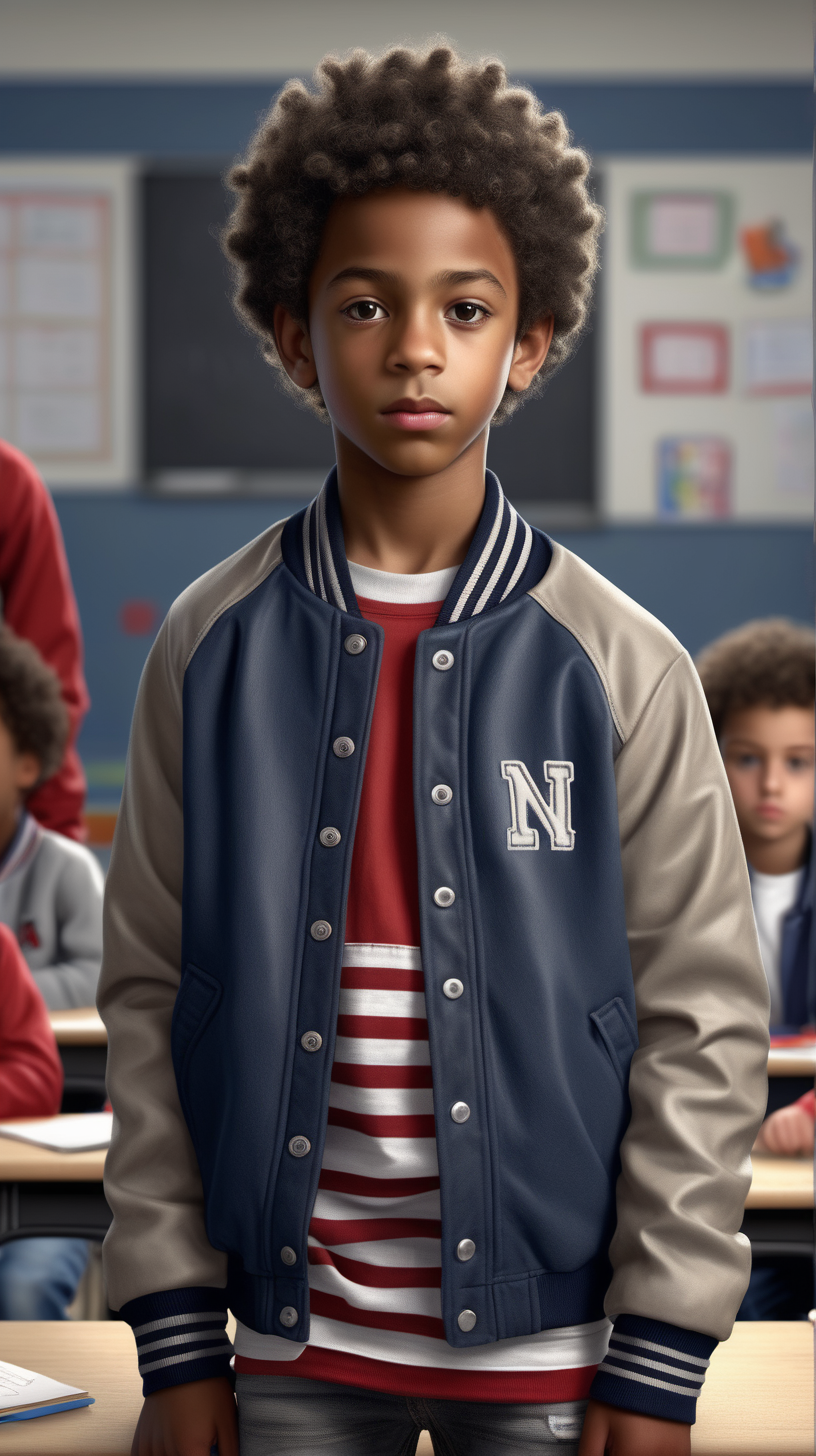 A handsome, little, black boy, with short curly hair, faded on the sides, wearing a Navy Blue, and Grey, cotton varsity jacket, wearing a thin, red, striped, tee shirt, wearing Taupe colored denim, in a class room, in Ultra 4K, High Definition, full resolution, hyper realism