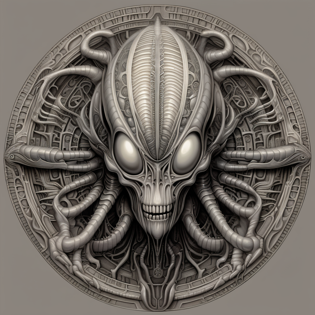 dull muted colors, clear lines, detailed, symmetrical mandala, alien queen in style of H.R Giger