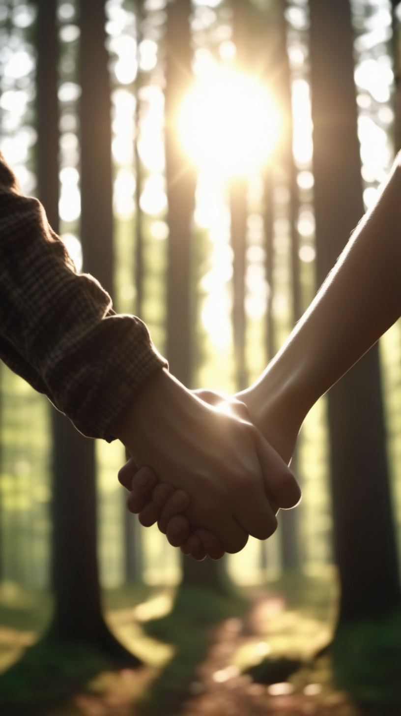 holding hands in the forest with the sun shining 4k