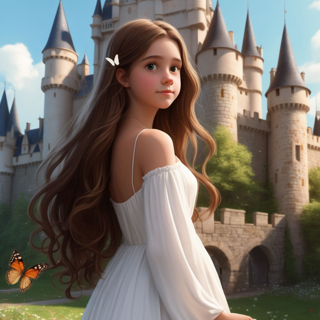 A teenage girl with long brown hair stands in front of a castle. She's wearing a white flowy dress. She has a butterfly on her shoulder. Could you show her back? 