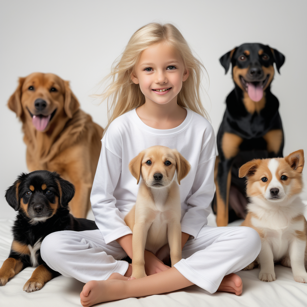 “Perfect Facial Features photo of a blonde 8 year old girl sitting playing with a dog in  white cotton tshirt pyjama with no print, long  tight cuff sleeves, loose long pants) ,surrounded by many different dogs, no background, hyper realistic, ideal face template, HD, happy, Fujifilm X-T3, 1/1250sec at f/2.8, ISO 160, 84mm”