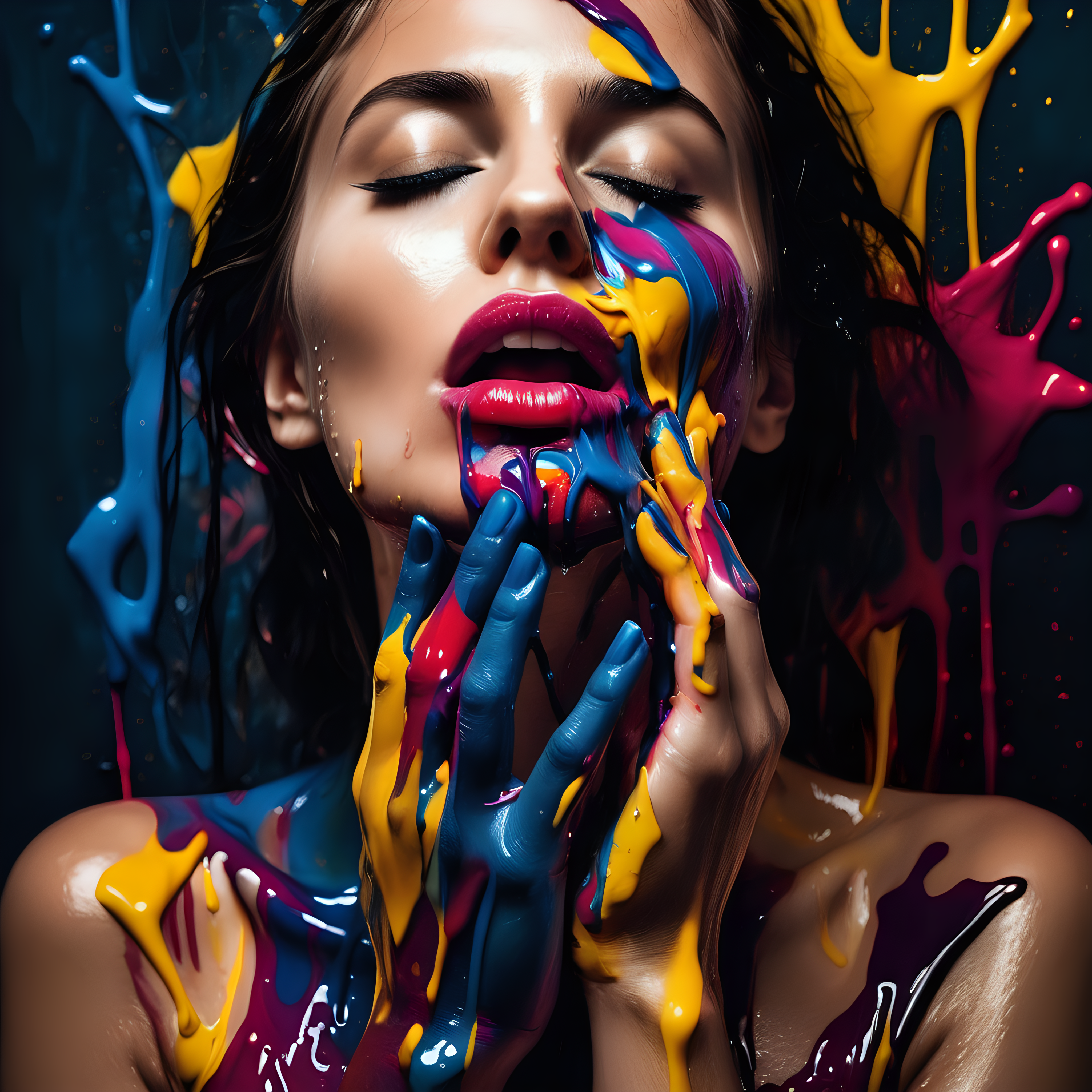 erstelle foto, abstraktes kunstwerk einer frau in farbe getränkt es soll einen hauch von erotisch sein. Sie soll ihre hand vor den mund halten 
