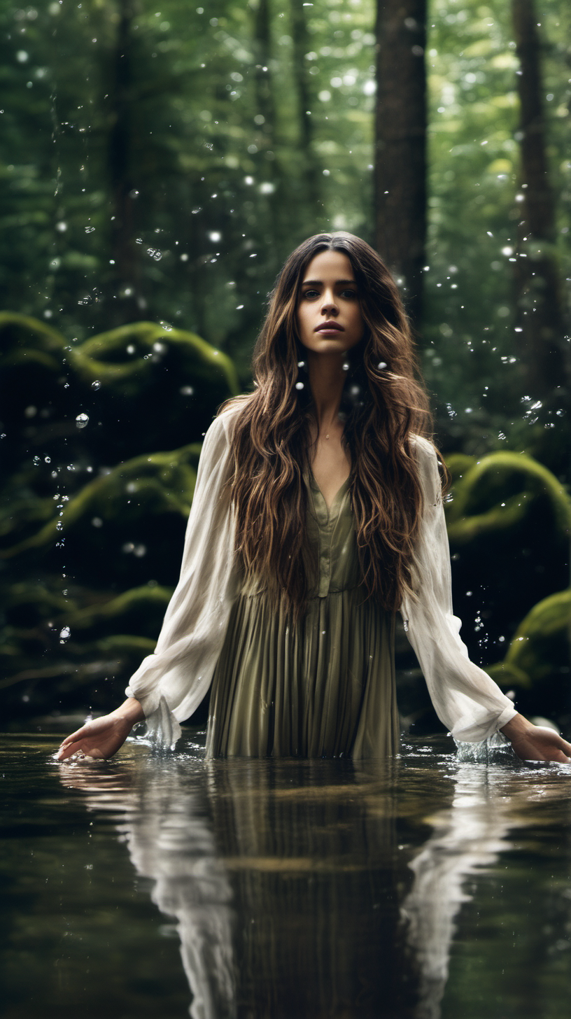 Actress Alba Baptista, with long, wavy brunette hair, standing in a forest with water floating above her hands magically.