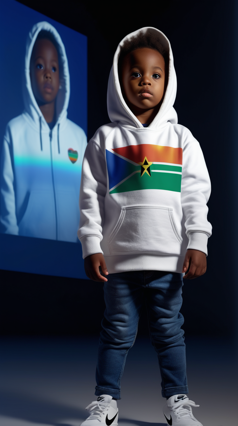 A young child, wearing a white hoody with an African flag on the front,  wearing dark blue jeans, wearing Nike shoes, staring in wonderment, at a holographic image projecting from the graphic on the front of his shirt, time of day is dusk, light shadows in the background, light is coming from the hologram 4k, high definition, realistic