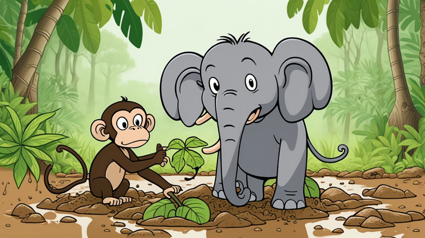 cartoon monkey laying leaves in the mud to help a stuck sitting elephant get out of the mud in a green jungle