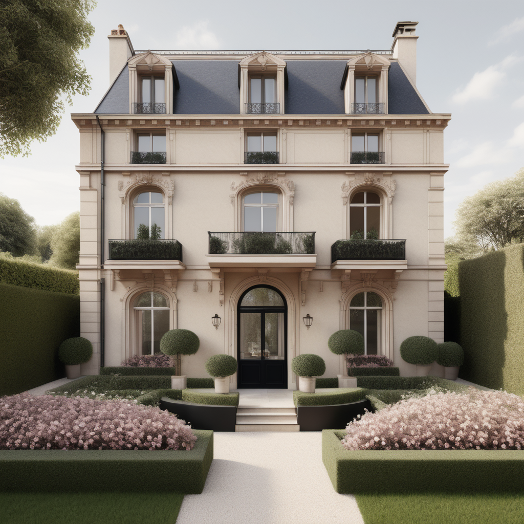 A hyperrealistic image of a modern Parisian  guest house viewed from the outside in a beige oak brass colour palette with accents of black and dusty rose, with an adjoined veranda covered in star jasmine, and beautiful garden beds and sprawling lawns around it
