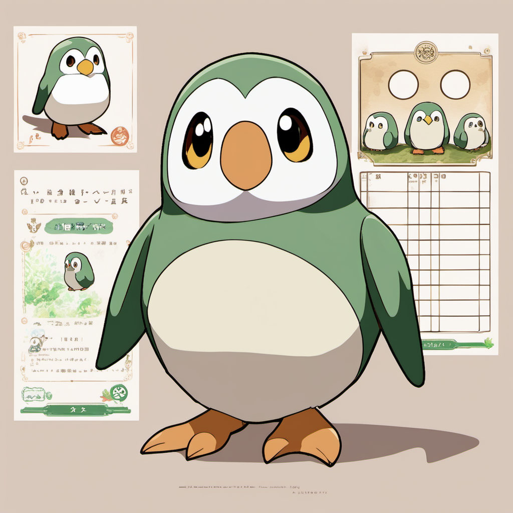 Rowlet, parrot, jingai san no yome ghibli style, character sheet, pokemon style, Japanese style, cute, penguin, simple
