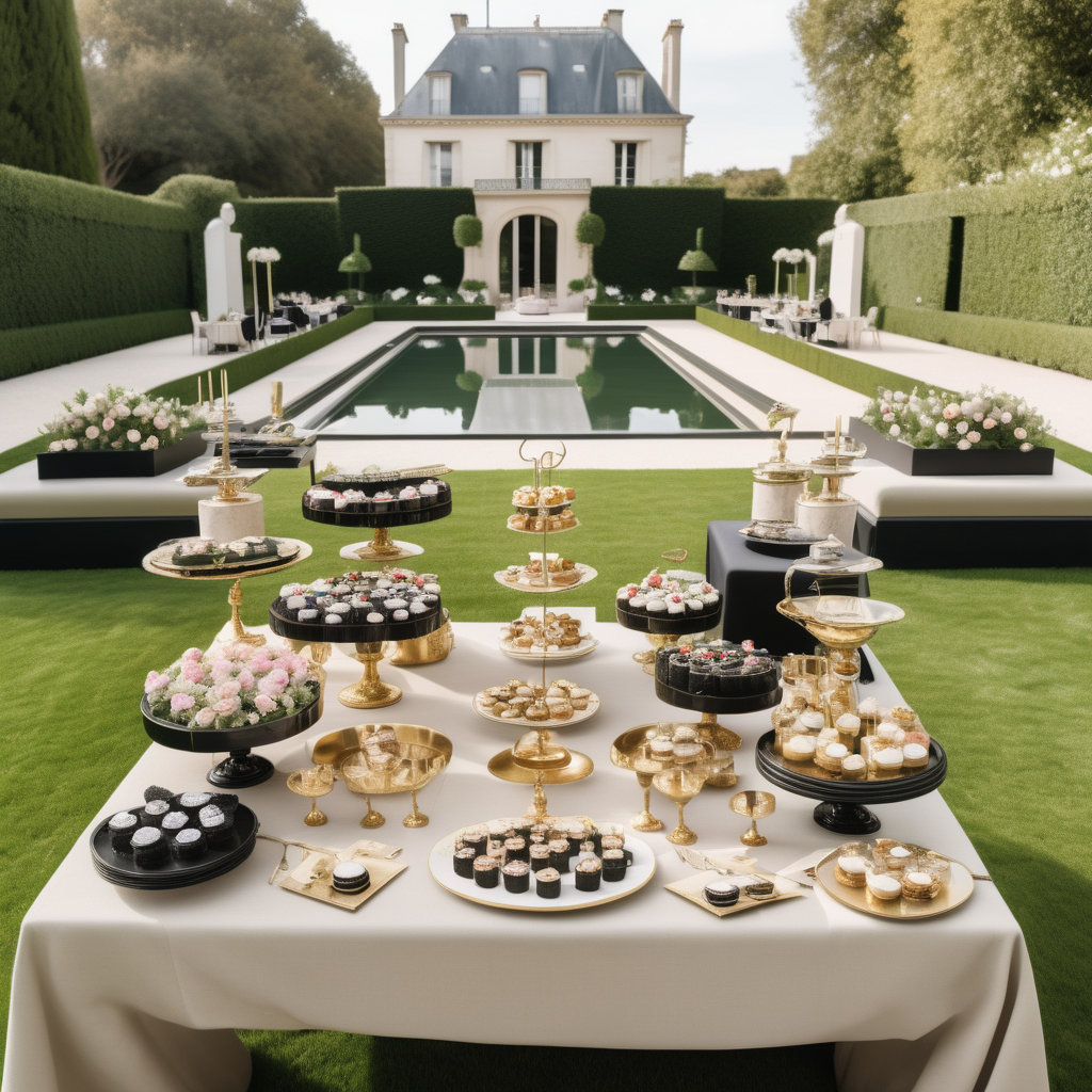 hyperrealistic modern Parisian garden tea party on sprawling lawns;  overlooking the sparklin pool; beige, oak, brass and black colour palette; buffet dessert table in the background

