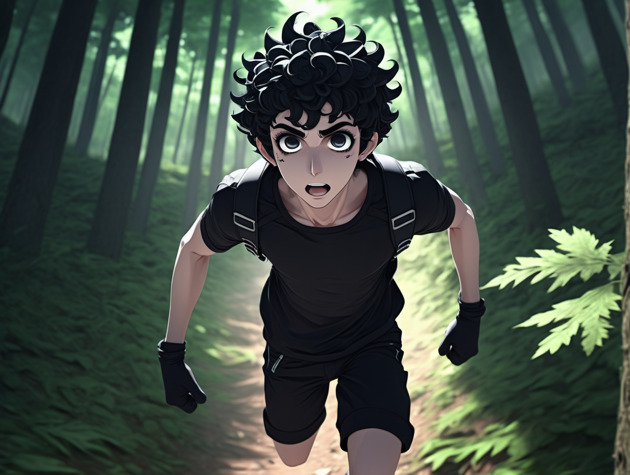 3d, anime, male, running in the forest, top view, short black curly hair, black gauge earrings, thick black eyebrows, black eyes, emo, forest low light