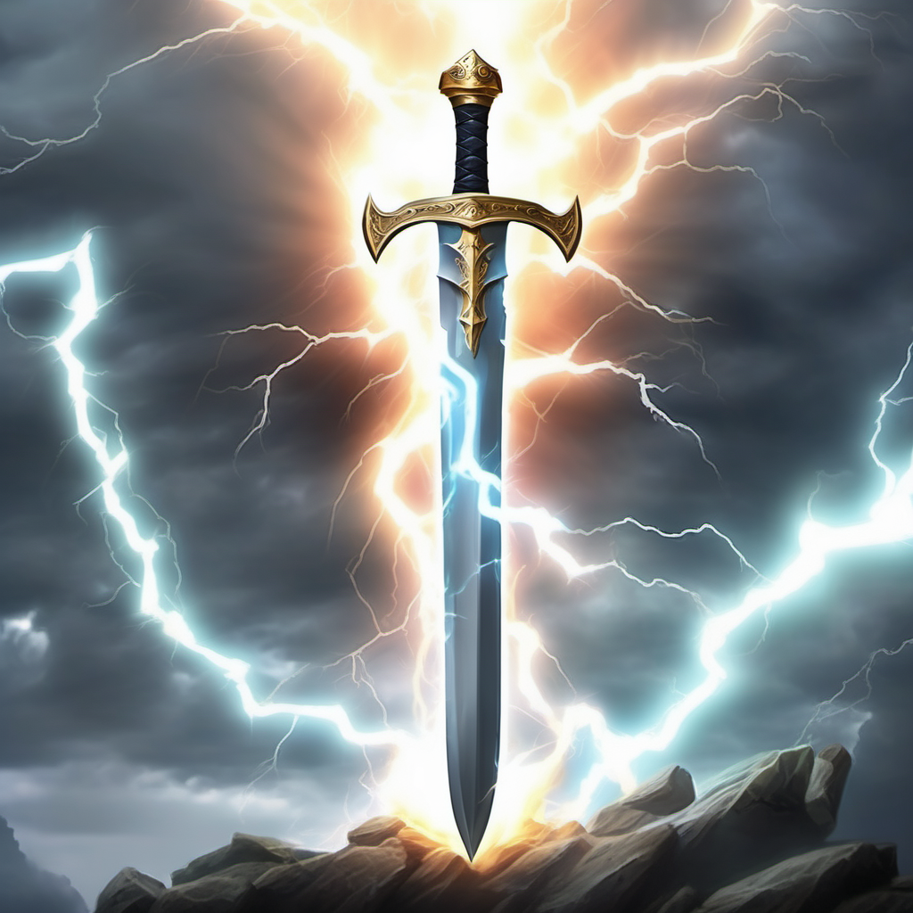 A background image of an epic sword that was once used by the gods to defeat an ancient evil, lightning is attracted to it.