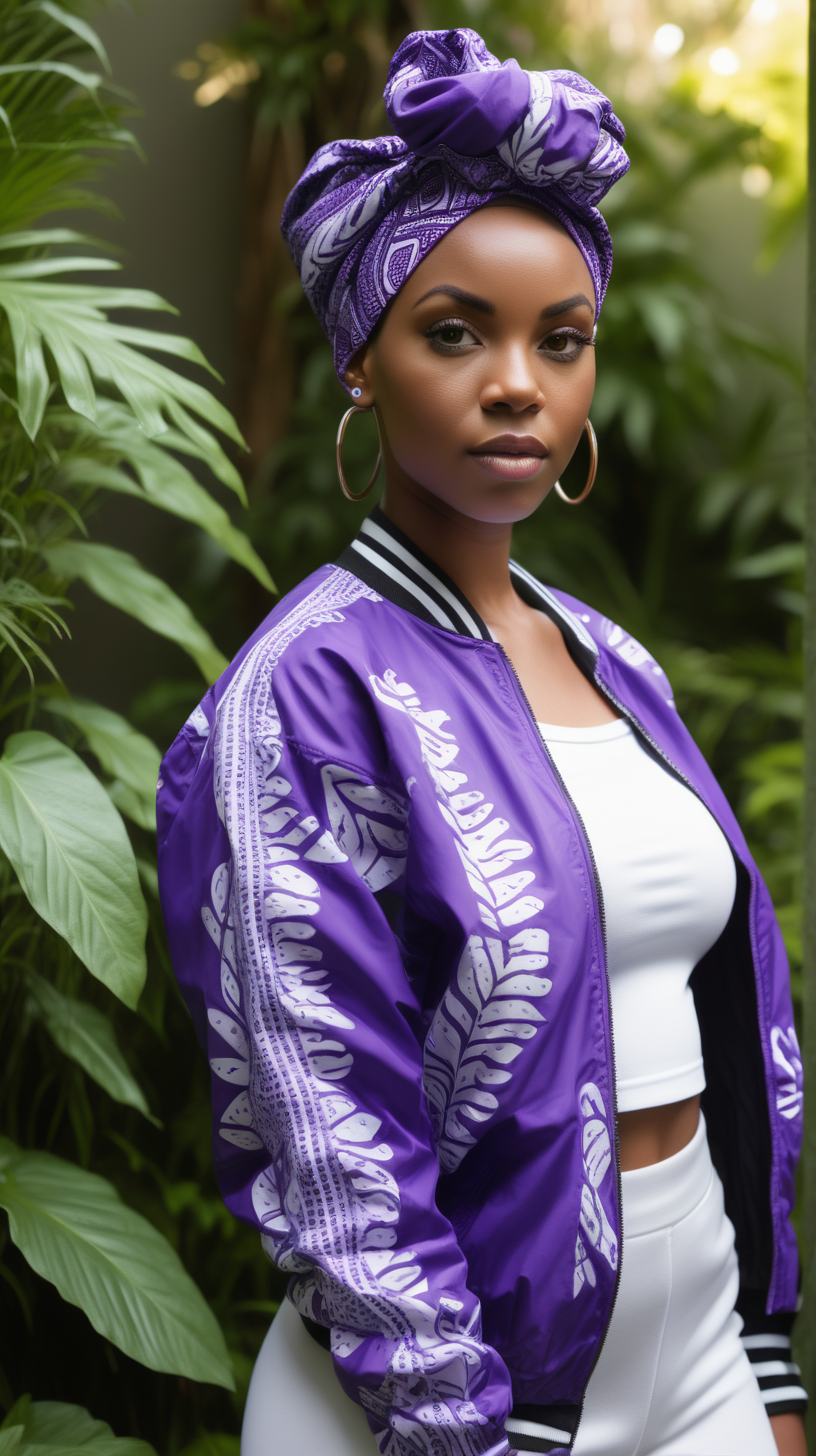 A beautiful, young Black woman, wearing short, black hair, wearing a Purple, African print head wrap, standing against a lush garden background, Facing  the camera, wearing a white, ultra modern, nylon bomber, wearing a blue dress shirt, white tee-shirt, wearing heather gray, loose fitting, sweatpants, lighting is over the left shoulder, from behind, pointing down, ultra 4k, render, high definition, light shadowing