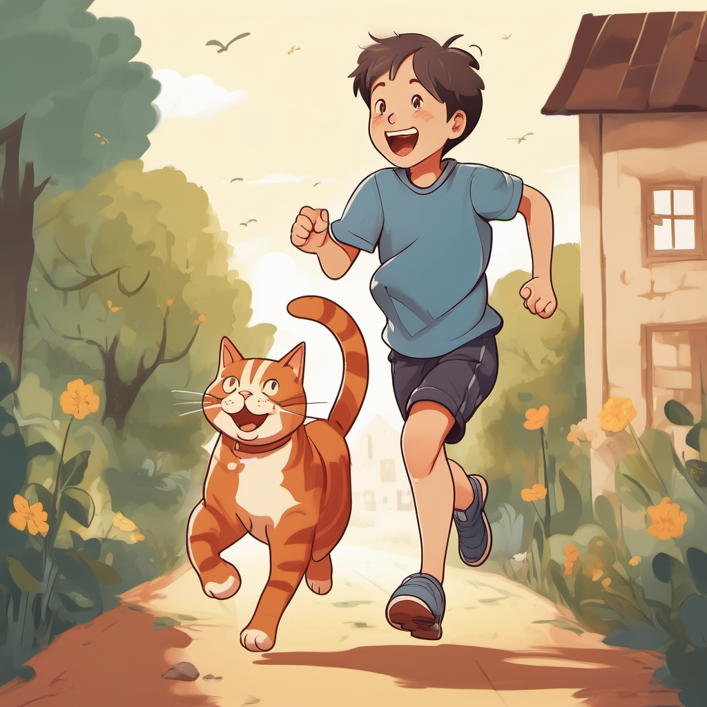a happy boy running with a cat