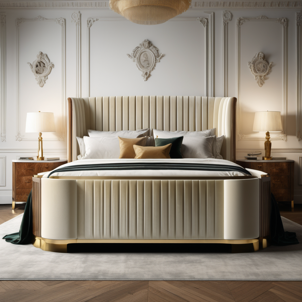 a hyperrealistic image of a velvet modern Parisian  king bed  in ivory, oak and brass 
