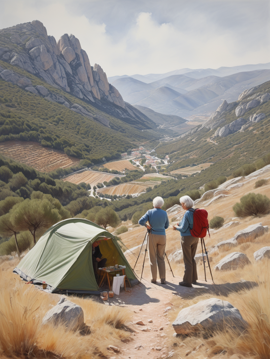 A couple in their late 60s, hiking in the Spanish mountains, doing an oil painting of the surrounding Spanish landscape. There is one tent in the far background.