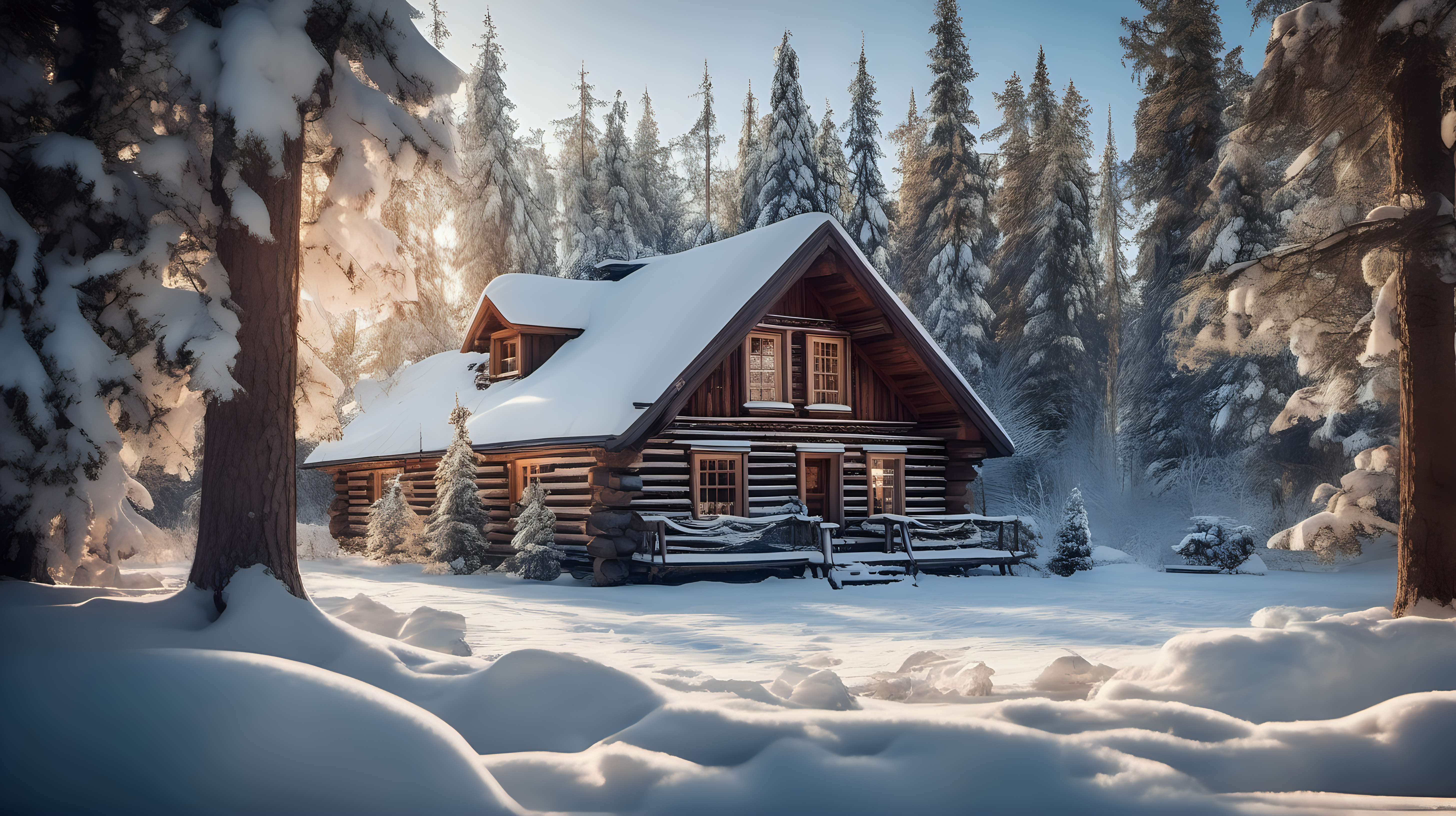 A cozy, snow-covered log cabin nestled amidst the tranquil beauty of a snowy Russian forest, however, the cabin is not actually there it's just open space. Two cars, partially covered in snow, are parked in front of the cabin, creating a serene winter scene. Cozy, Snowy, Rustic, Tranquil, Winter Wonderland. DSLR camera. Wide-angle or standard lens for capturing the cabin and the surrounding snowy landscape. late afternoon. Focus on the charming cabin enveloped in snow, portraying a sense of warmth and coziness against the wintry backdrop. Frame the shot to include the cabin, the surrounding snow-laden trees, and the parked cars, highlighting the rustic charm and tranquility of the scene. Aim for high-resolution digital images to capture the intricate details of the snow-covered cabin and the forest surroundings. Post-processing can enhance the wintry atmosphere by adjusting exposure and contrast, showcasing the inviting coziness of the cabin amidst the snowy Russian forest.



