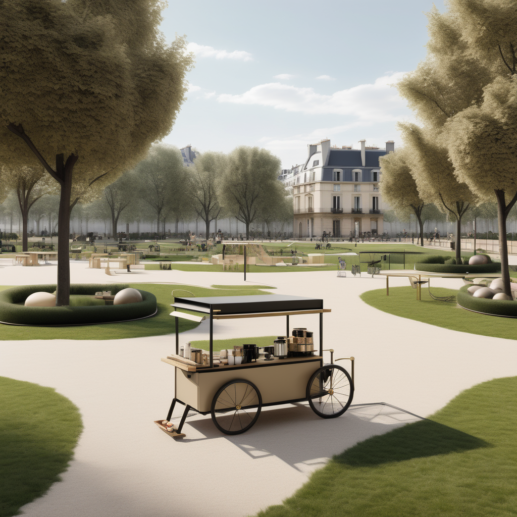hyperrealistic modern Parisian park with coffee cart sprawling