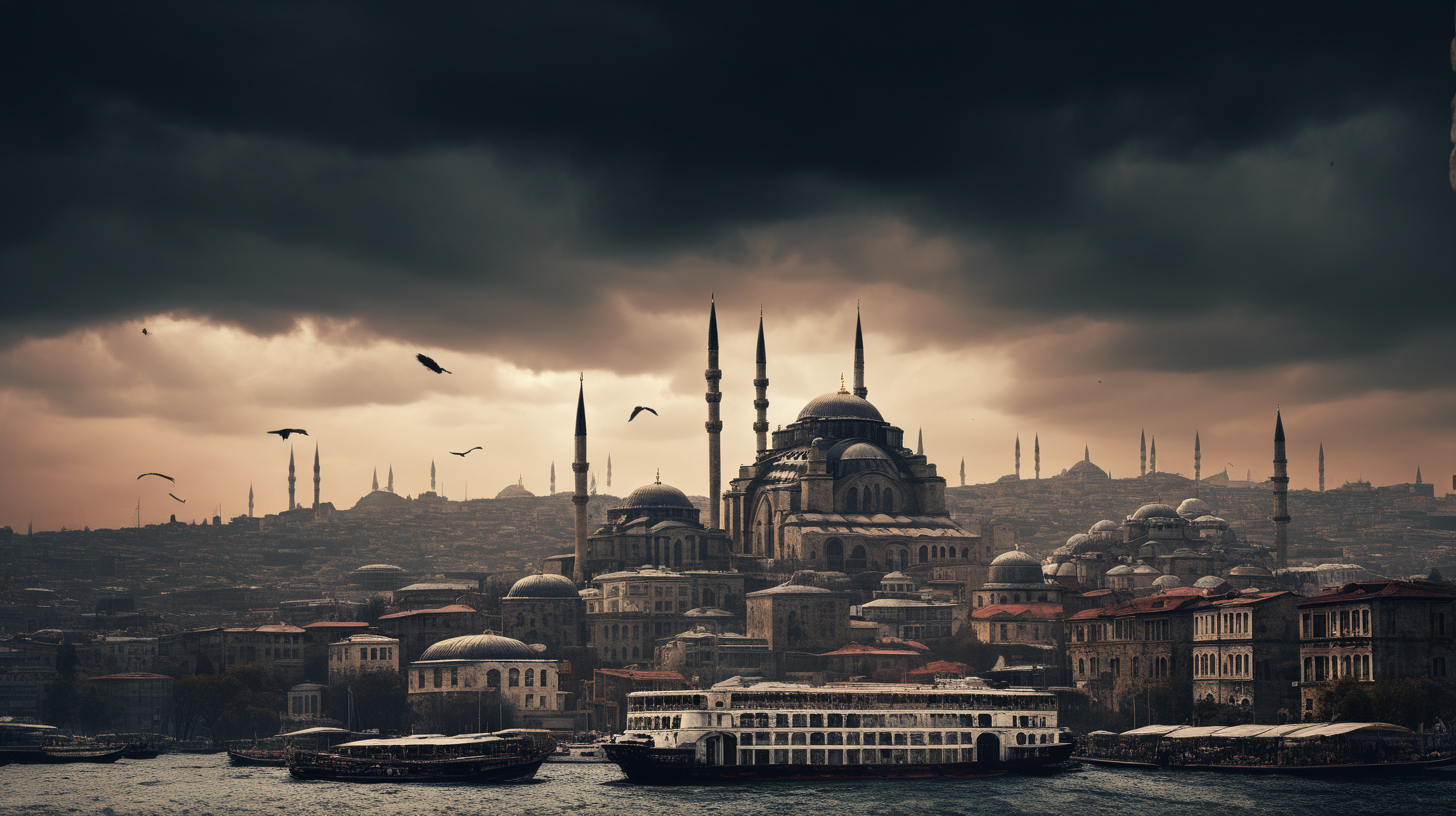 /imagine prompt: Historic Cityscapes, Istanbul, Turkey, year 1500, with its ancient roman structures –v 5.2and the overall moody atmosphere. Use a high-resolution 16k camera with a 16:9 aspect ratio, a raw style, and a quality setting of 2 to capture this atmospheric scene. –ar 16:9 –v 5.2 –style raw