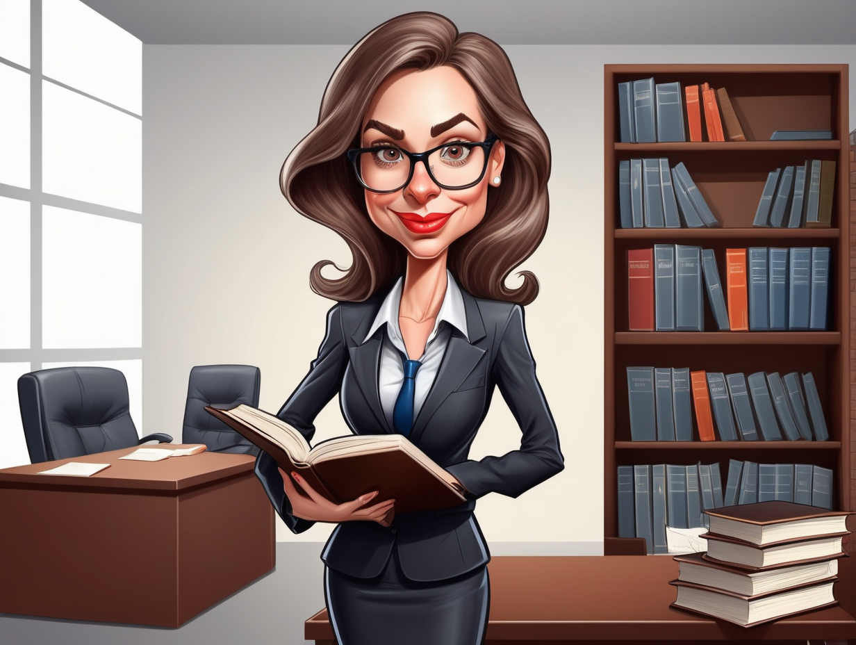 Caricature cartoon lawyer woman. With a book in hand and being in a office
