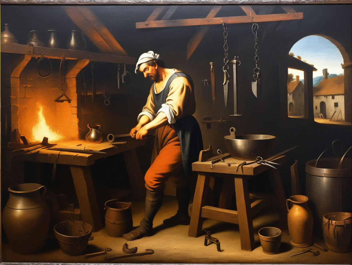 Old Oil Painting on Canvas Blacksmith in His