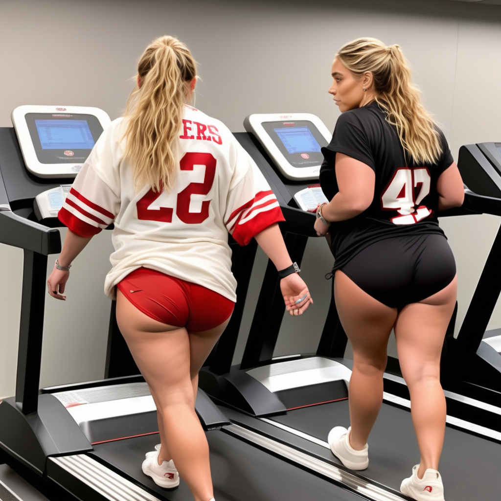 Mary-Kate and Ashley Olsen bbw at the 24/7 gym iat night in a San Francisco 49ers football jersey and white thong is walking on a treadmill showing off her booty. 