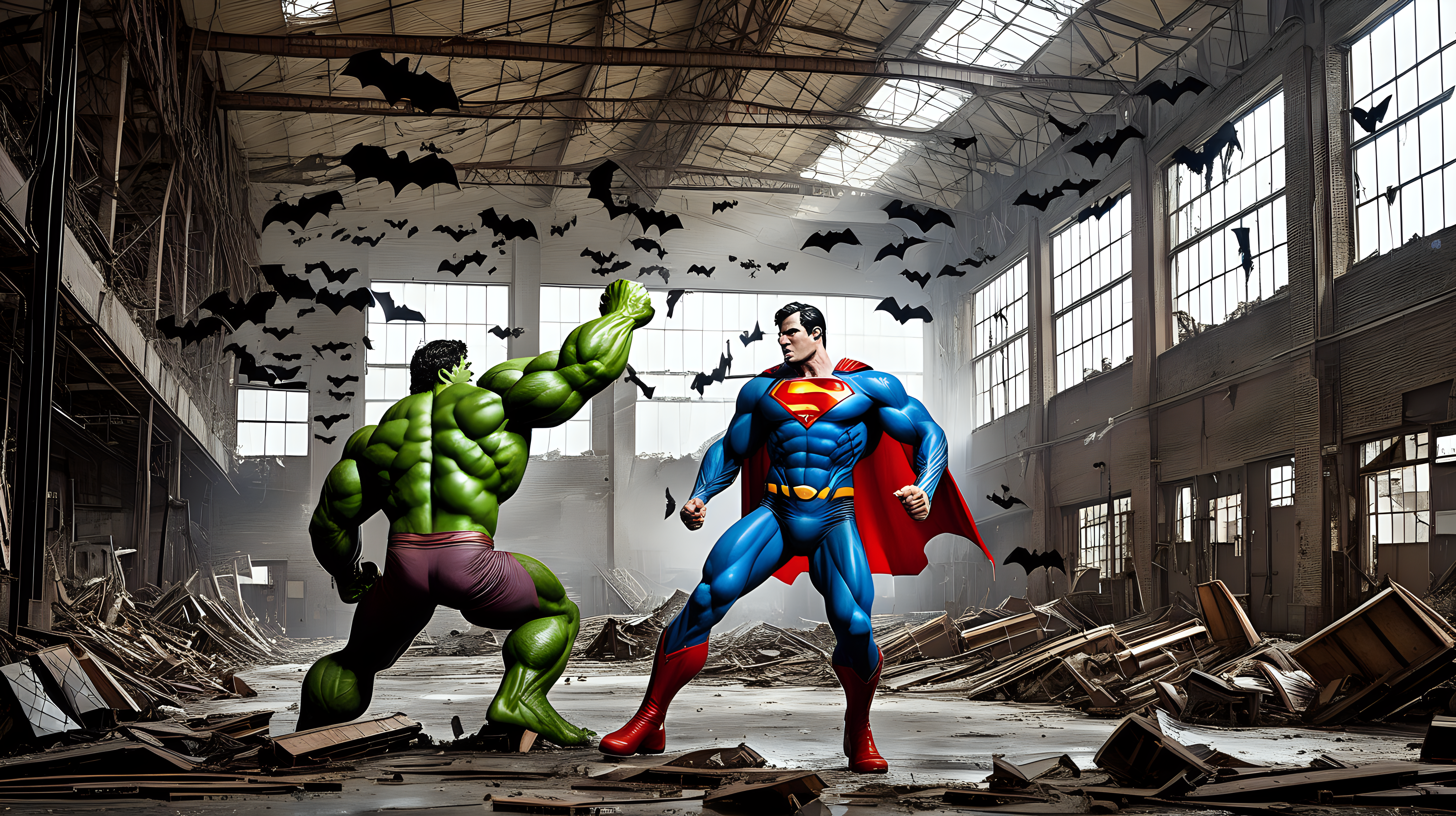 Superman fights the hulk in an abandoned guitar