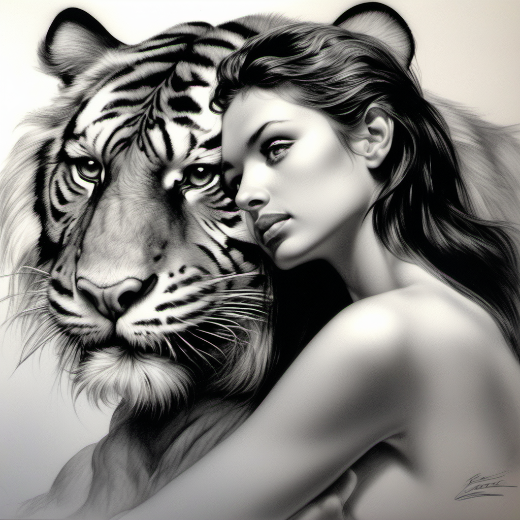 /imagine prompt : a hyper realistic black and gray Boris Vallejo drawing, feauteted a beautiful angel by a tiger portrait create a sureal fantasy atmosphere
/describe : whole subjects in the box
-no cut

<background>white papaer
<style>pencil drawing
