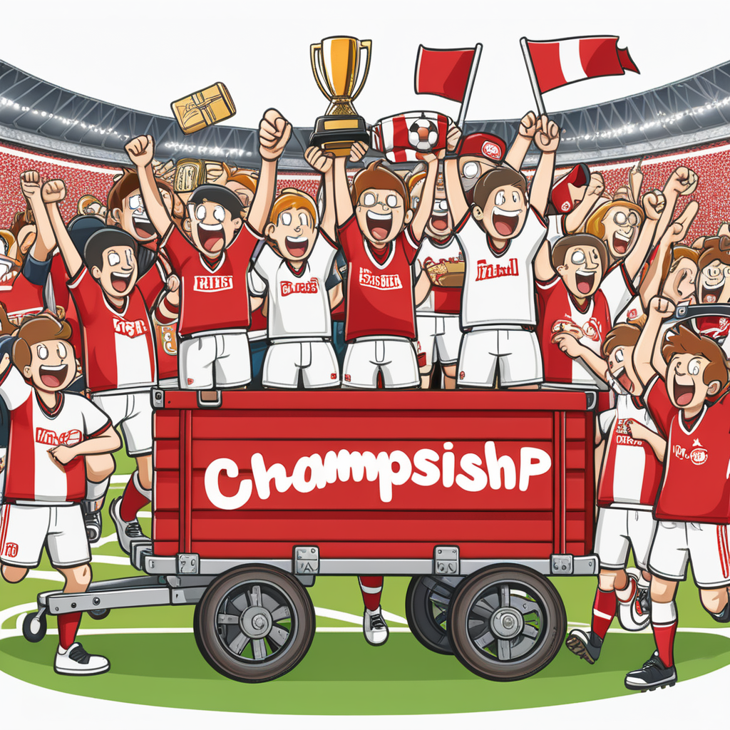 Football fans in red and white shirts celebrating championship on a wagon with a flat cargo platform (cartoon style) 
