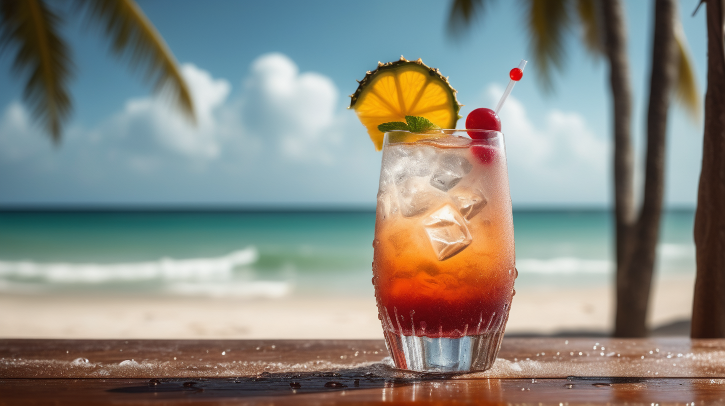 a photo of an appetizing super realisitc tropical cocktail on a wooden table. The glass of the cocktail is wet and you can see the drops of condensation. Behind it you can see the beach on a sunny day. The lighting in the portrait should be dramatic. Sharp focus. A ultrarealistic perfect example of cinematic shot. Use muted colors to add to the scene.