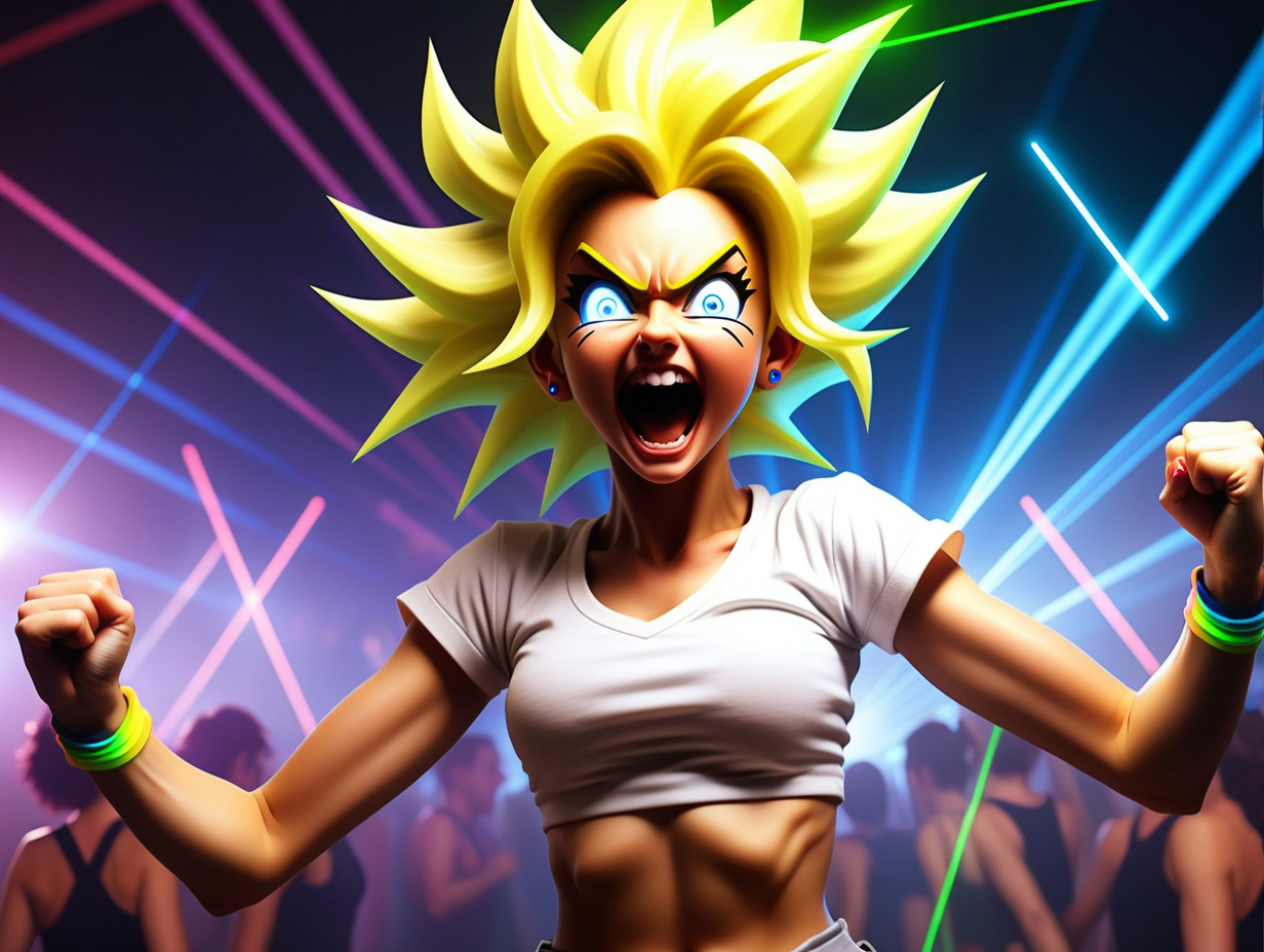 female super sayian dancing cheerfully in a rave with lasers