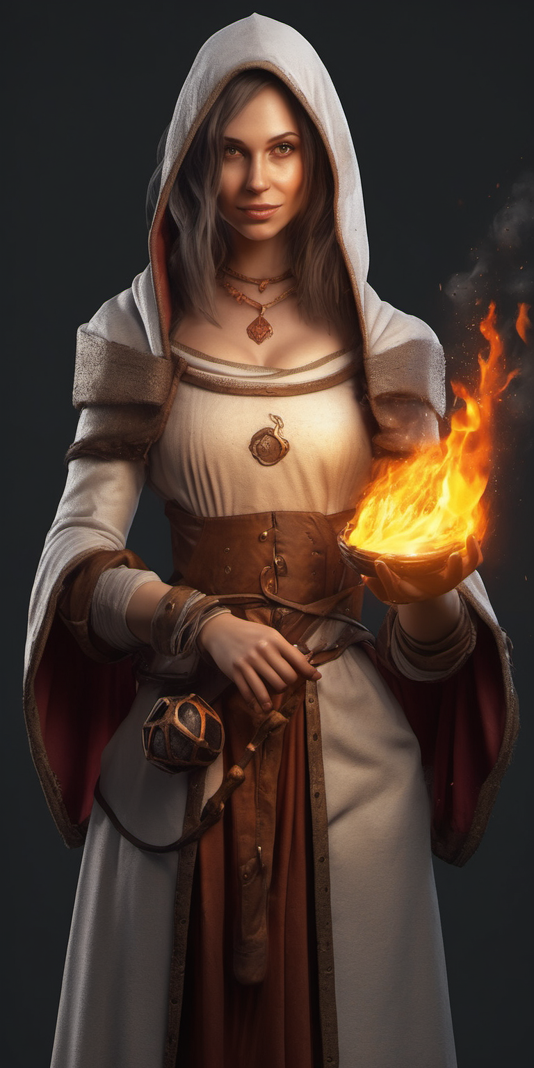 realistic medieval mage with fire in her hand