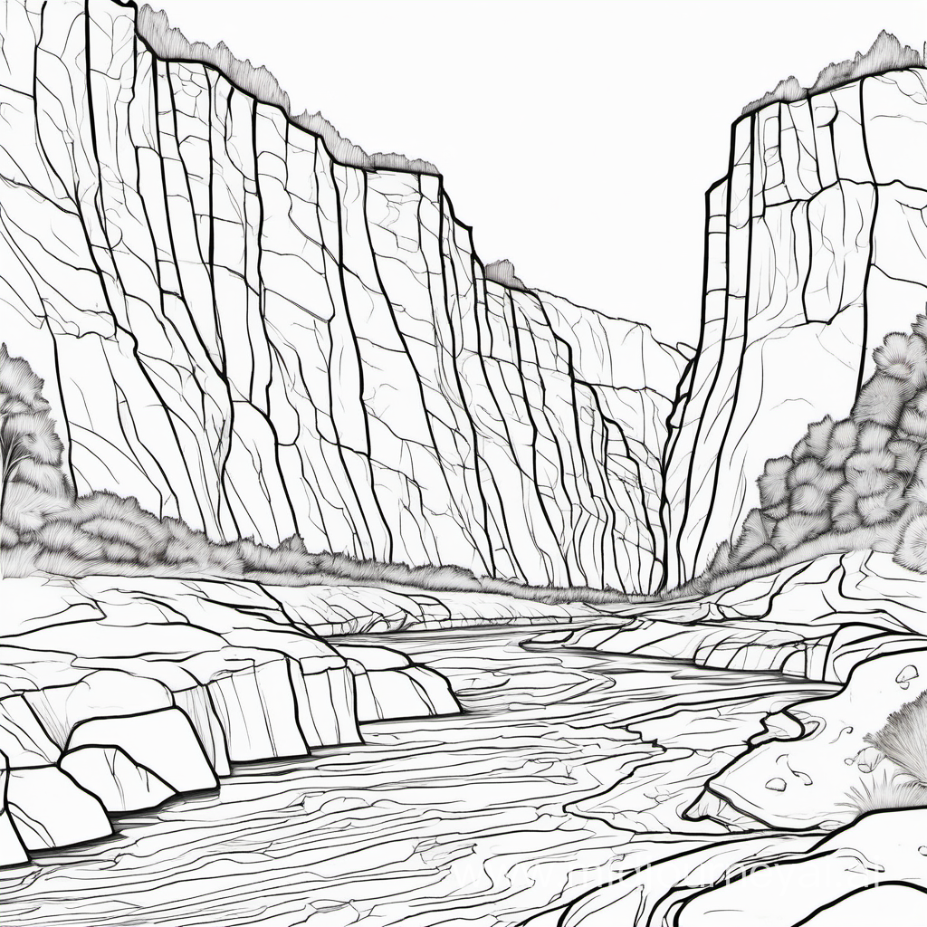 a coloring page that shows erosion along a river back with steep cliffs, low details