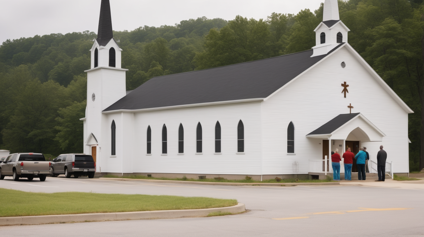 Rural country church. Exterior Day less cars in parking lot. pastor say goodbye to people
