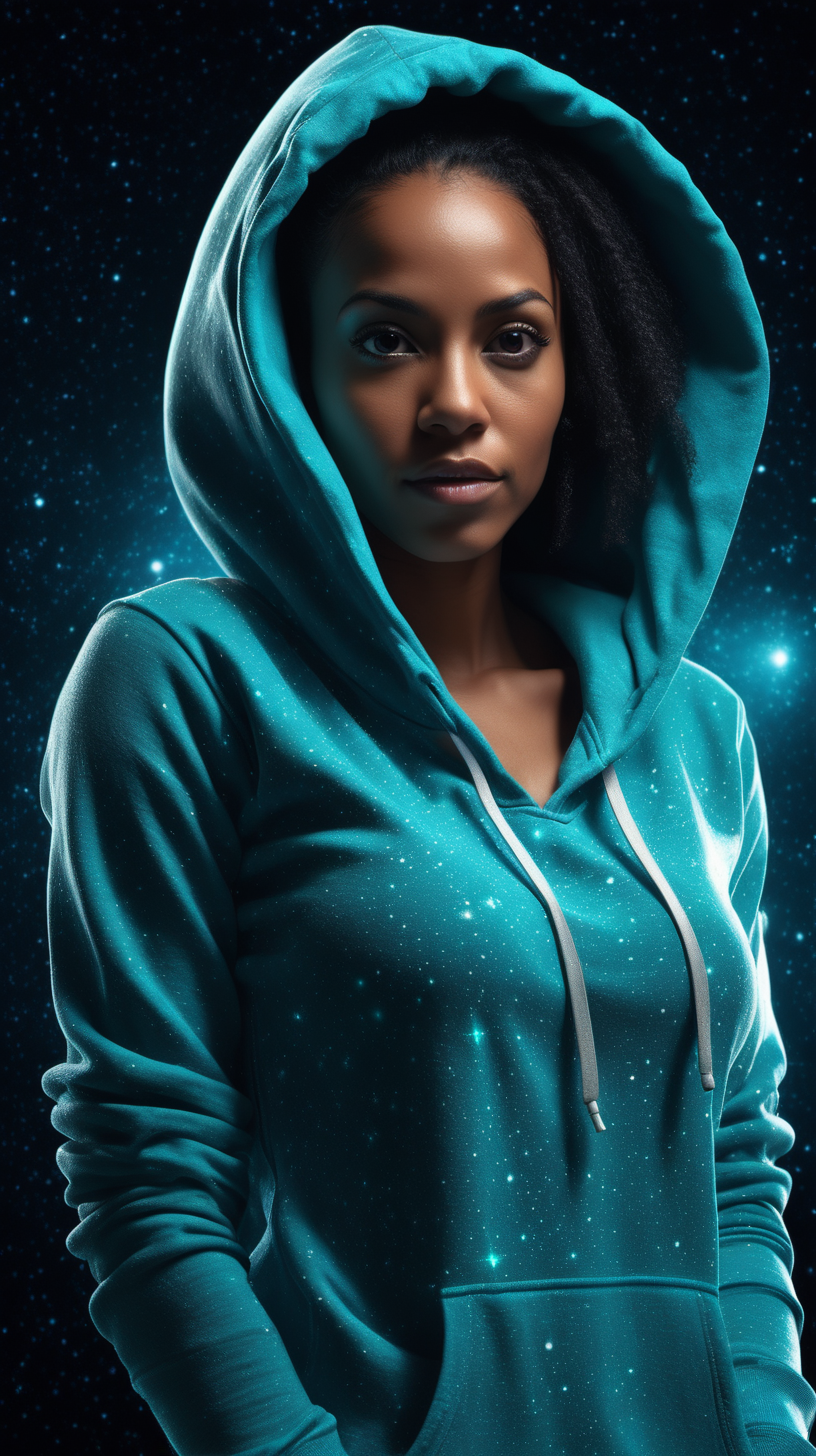 A beautiful, exotic, Jamaican woman standing against an infinite starry space background, Facing the camera straight ahead, with a fierce look in her eyes, wearing an Aqua Blue hooded sweat shirt, she is casually hovering, lighting is over the left shoulder from behind and down ultra 4k render, high definition, deep shadows