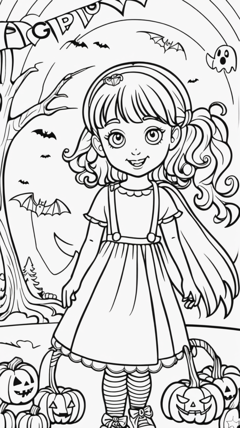 Cover of a children's coloring book: girl at a Halloween party, full color  and write title cut girl in Halloween party  cloloring book  children's between 4 years to 14 years 