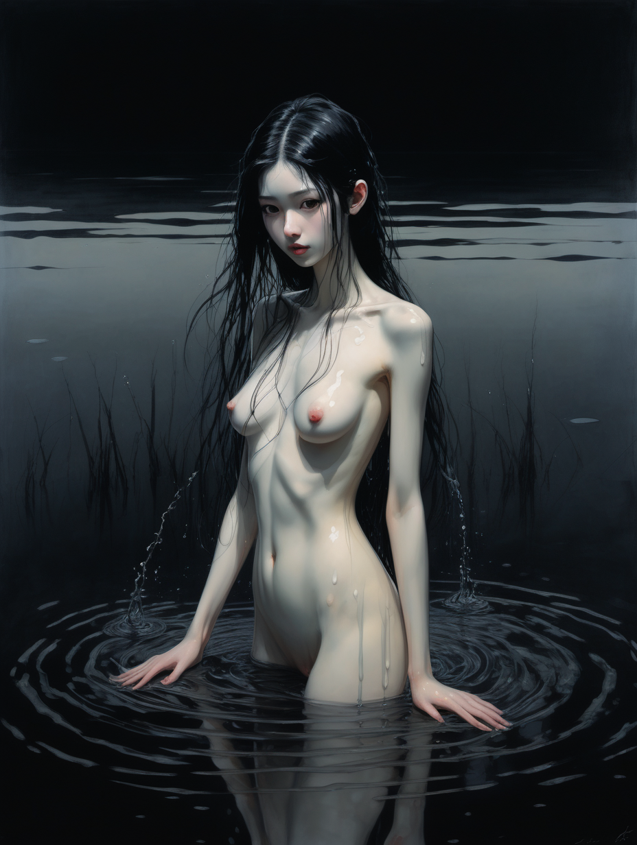 Chica,pelo negro , pálida, delgada, está en lago vacío con fondo oscuro , está desnuda, el estilo artístico es de Amano con técnicas de pintura clásica. La chica está mojada 