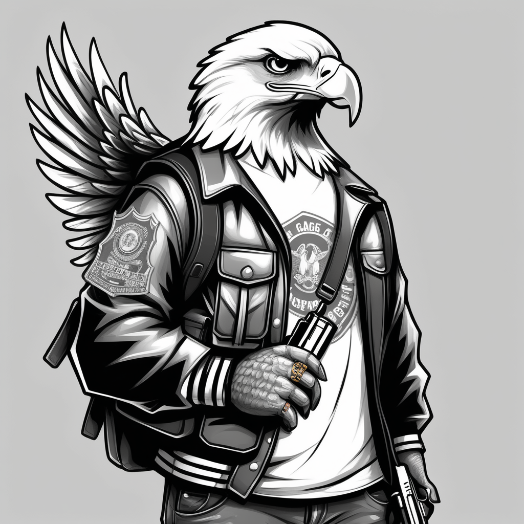draw a street gangster eagle wearing a backpack while holding a 9mm