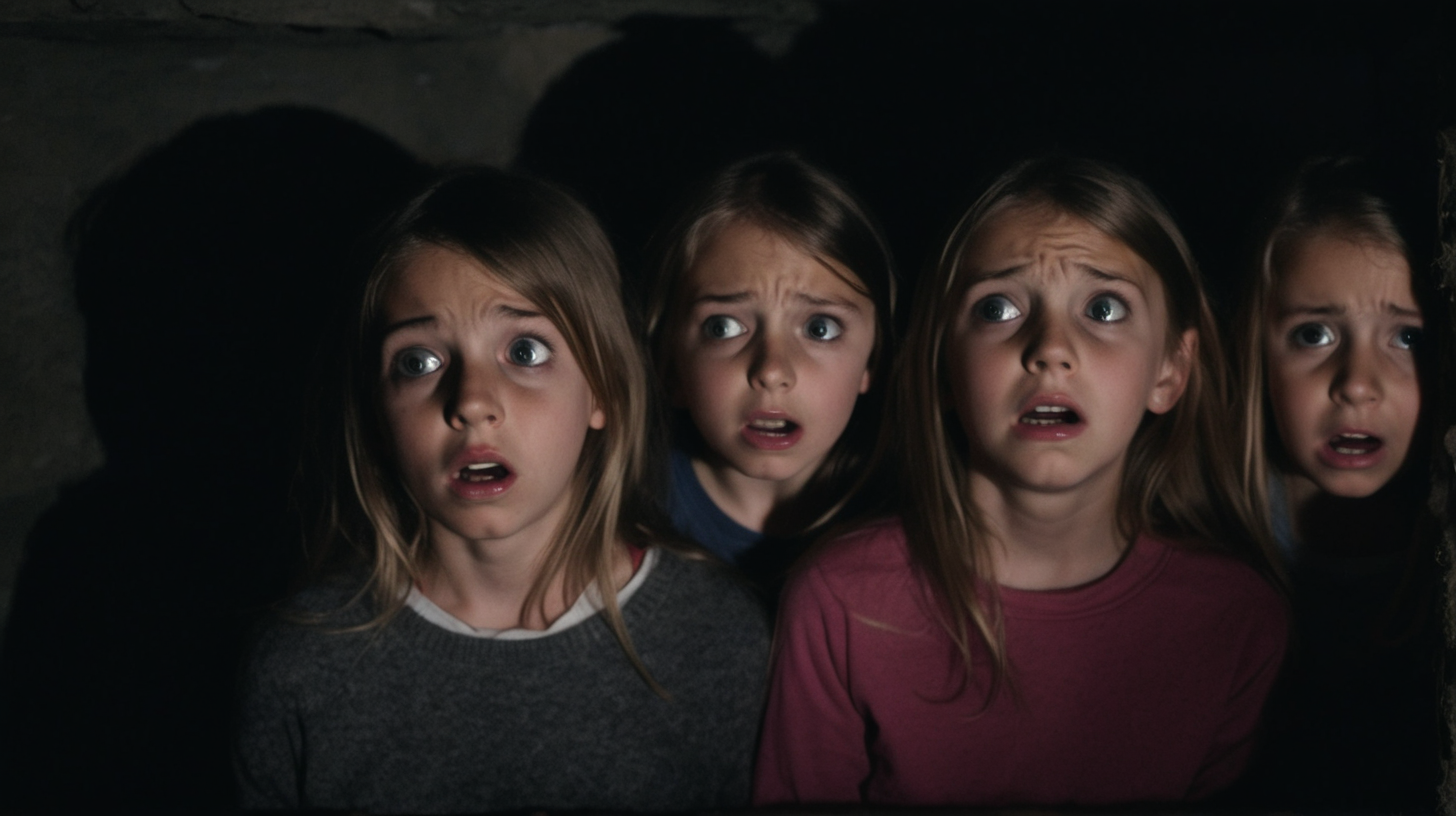 nervous girls and boys huddled in a dark basement.