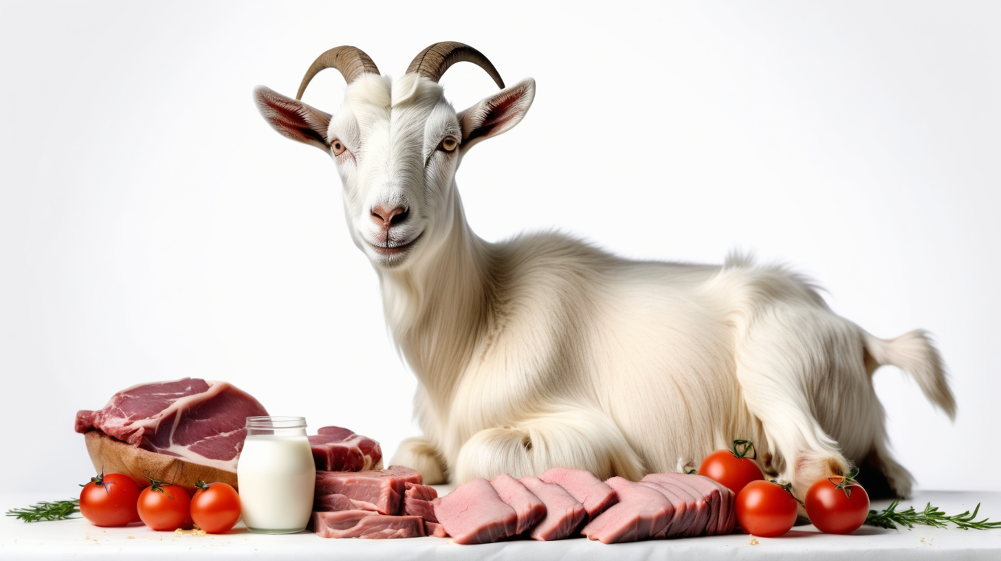 Healty goat with goat milk and meat on white background