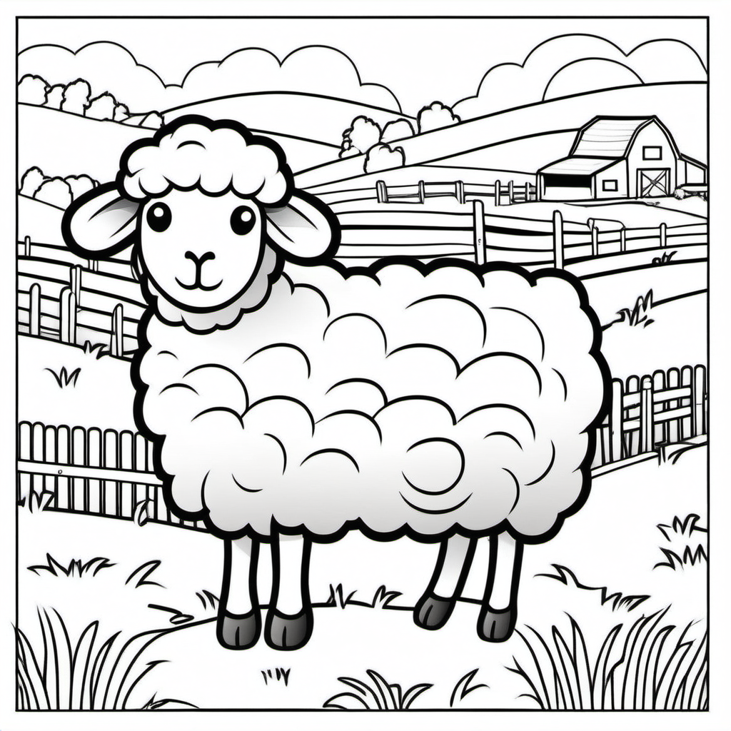 sheep on a farm, for toddler, clean colouring book page, no dither, no gradient, strong outline, no fill, no solids, vector illustration, -ar 9:11 - v 5