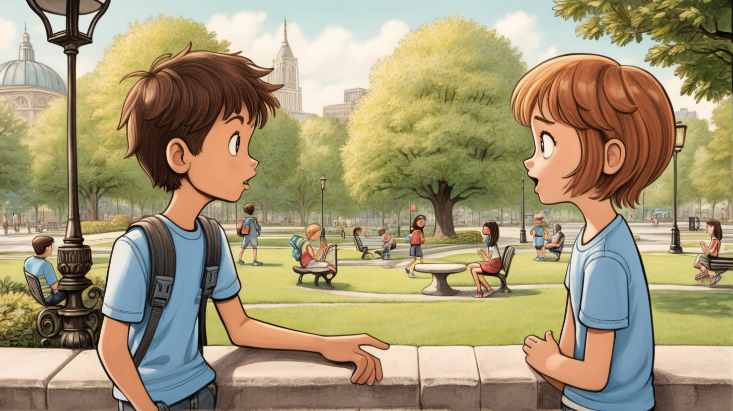 cartoon one boy and one girl talking in a city park. Make sure there are only two people in the image.