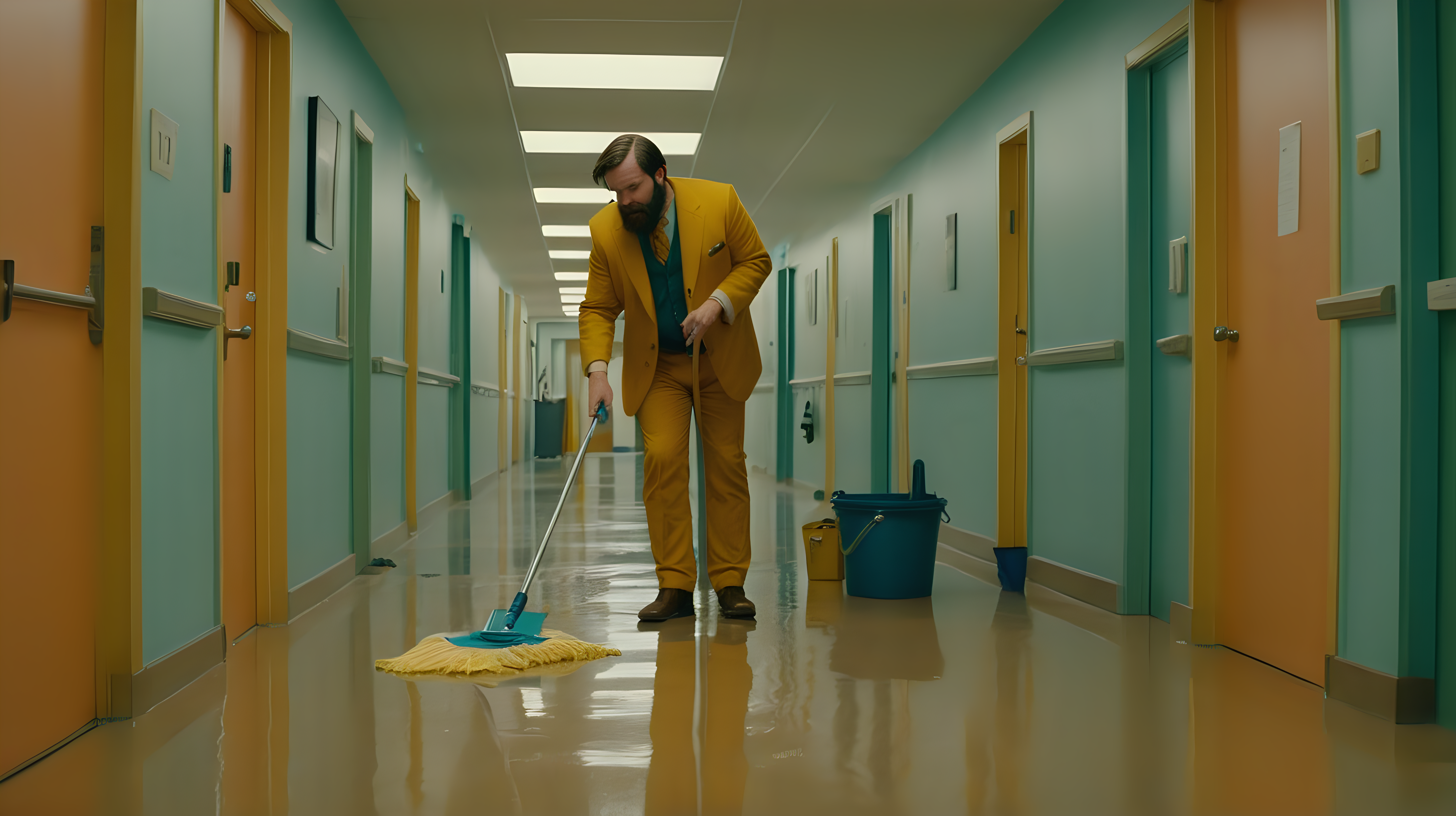 A bearded man mops a very shiny floor in a moodily lit office hallway in the style of a  wes anderson film