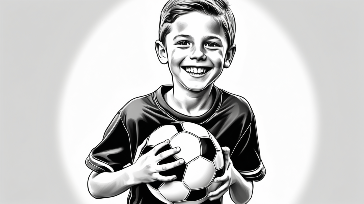 simple realistic black and white illustration of  healthy 10 year old boy. catching a football and a smile on his face.