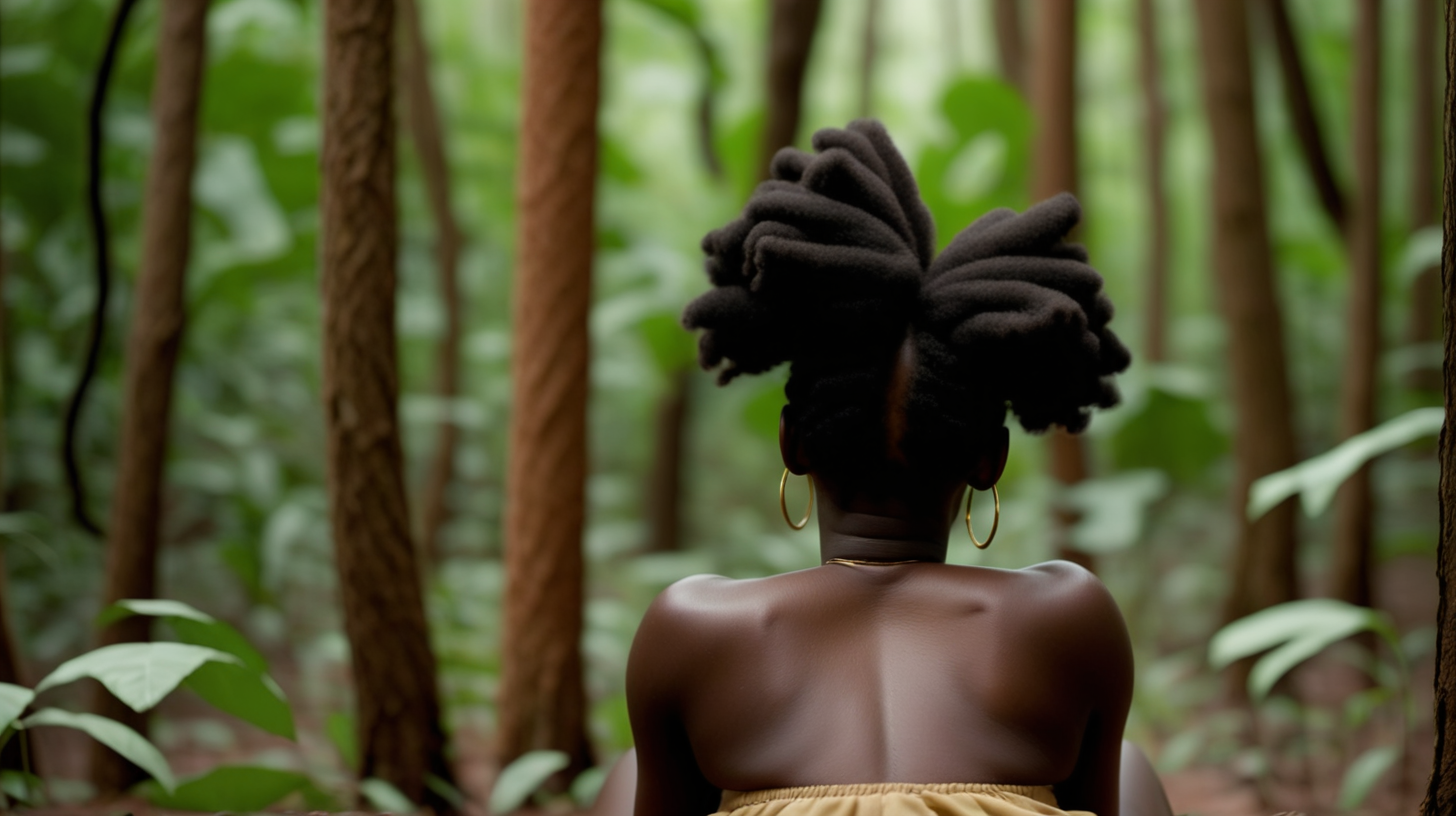 an image from behind a black woman sat in a forest in africa