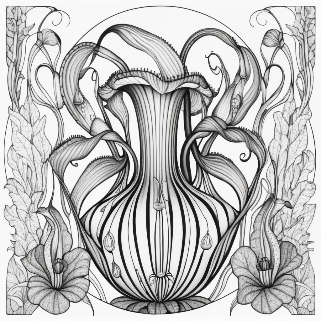 adult coloring book, black & white, clear lines, detailed, symmetrical mandala pitcher plant