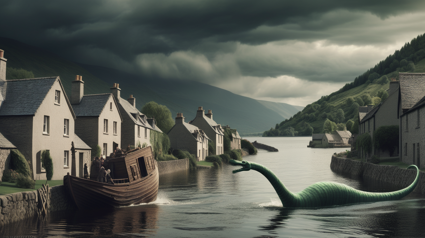Loch Ness monster destroying an old village