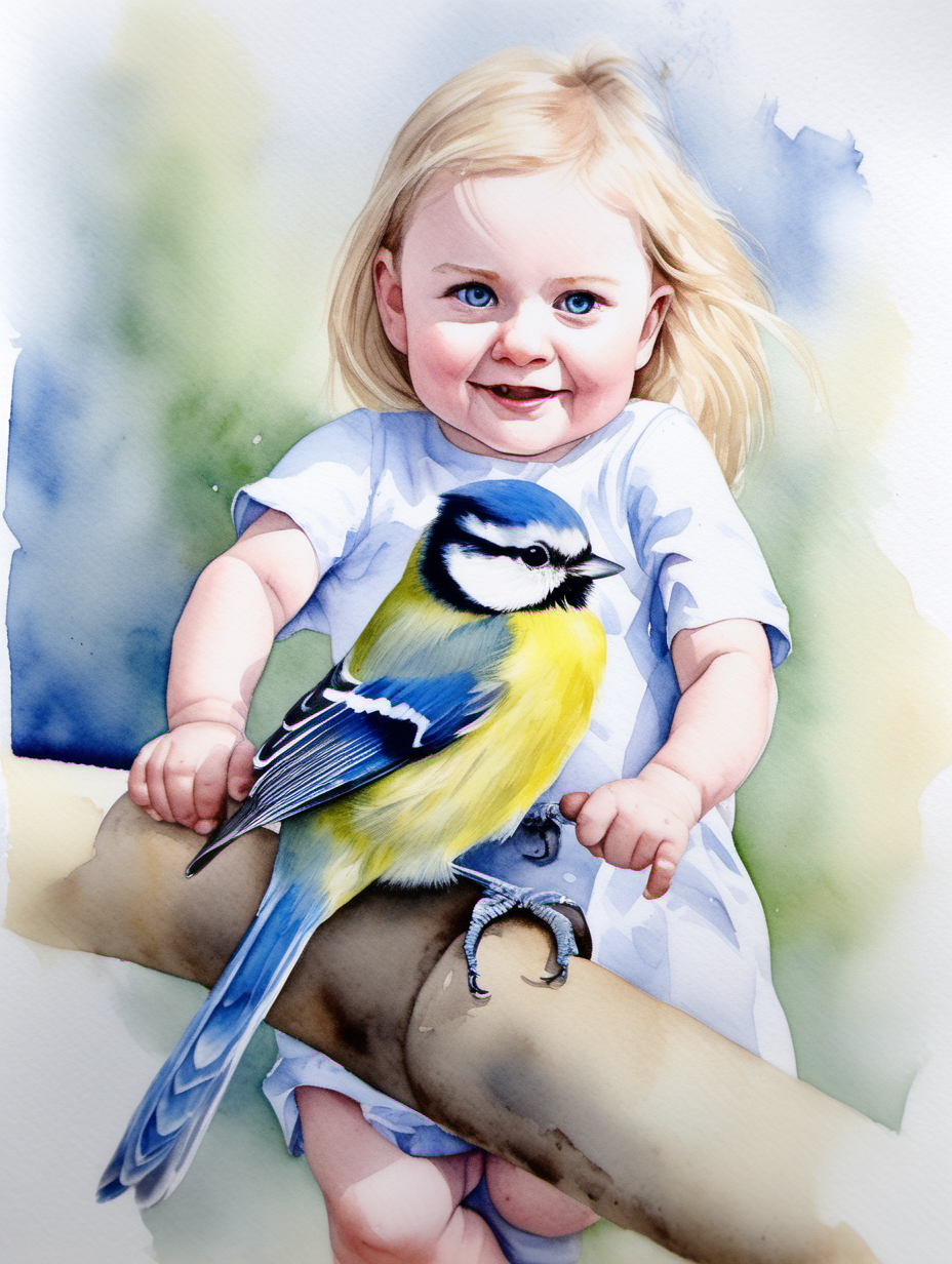 A watercolour painting of beautiful blue eyed baby girl Lillie riding on the back of a bluetit
