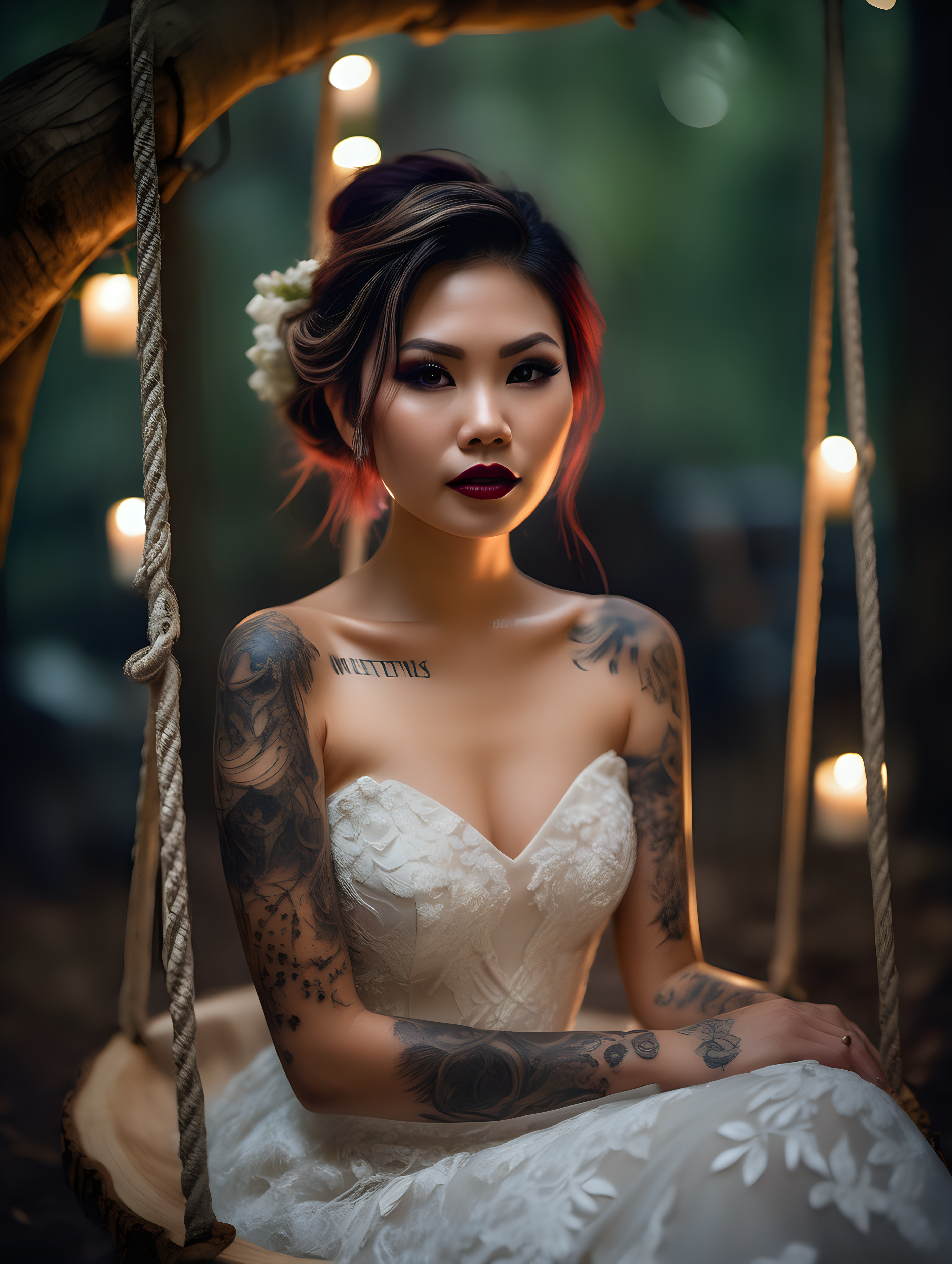 Beautiful Vietnamese woman, body tattoos, dark eye shadow, dark lipstick, hair in a messy updo, wearing a gorgeous wedding dress, sitting in hand carved tree swing, bokeh background, soft light on face, standing in front of elaborate candlelit forest wedding, photorealistic, very high detail