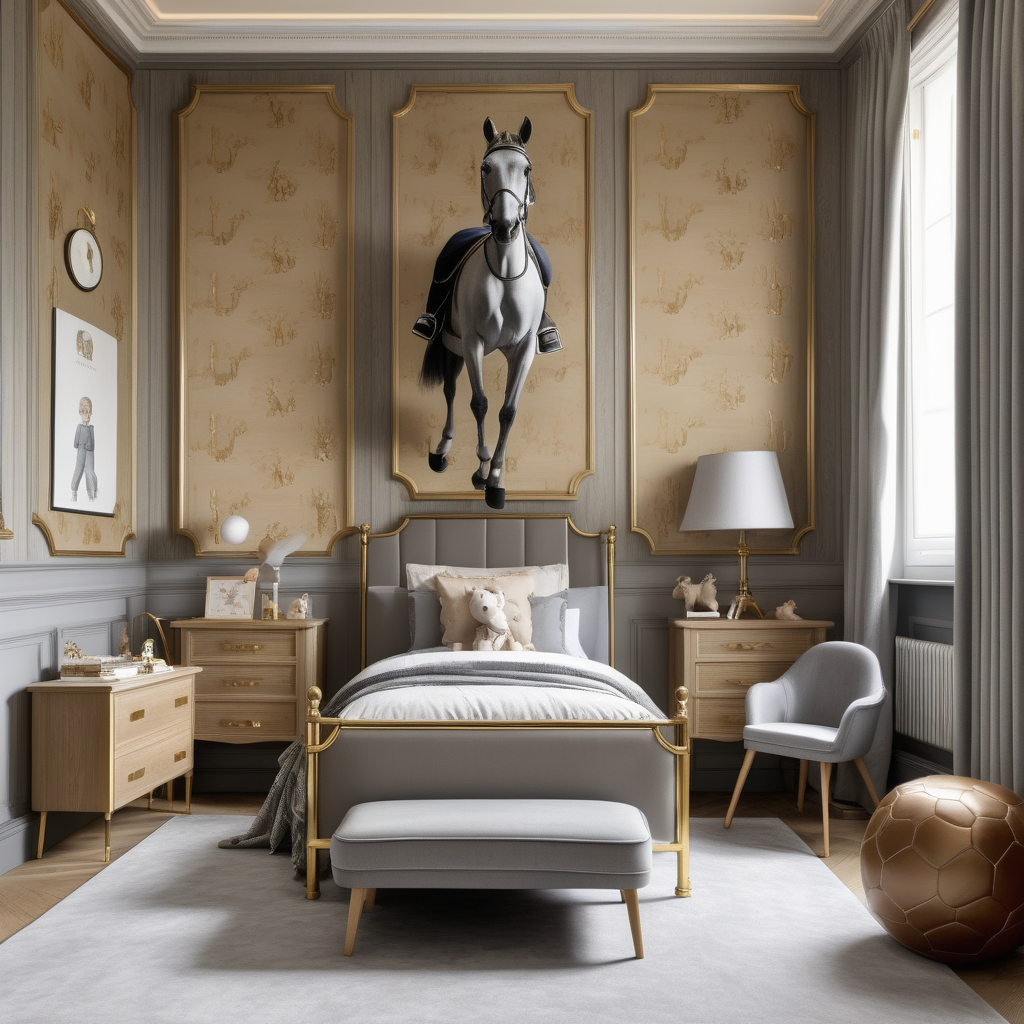 hyperrealistic image of a modern Parisian large childrens room with a brass double bed; oak wall panelling with beige and grey equestrian wallpaper ; beige, oak, brass and slate-grey colour palette