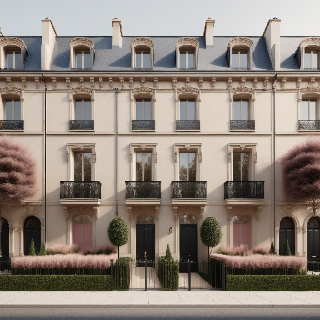 A hyperrealistic image of a palatial modern Parisian group of townhouses viewed from the street in a beige oak brass colour palette with accents of black and dusty rose, with beautiful garden beds out front
