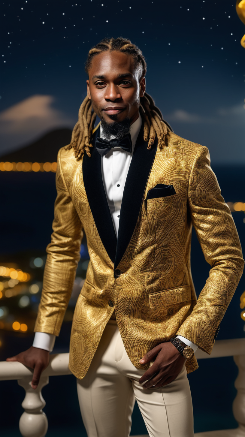 Elegant black man wearing braided dreadlocks wearing gold